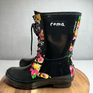 Roma Sadie Robertson Womens Size 9 Black Floral Short Lace Up Rain Boot
